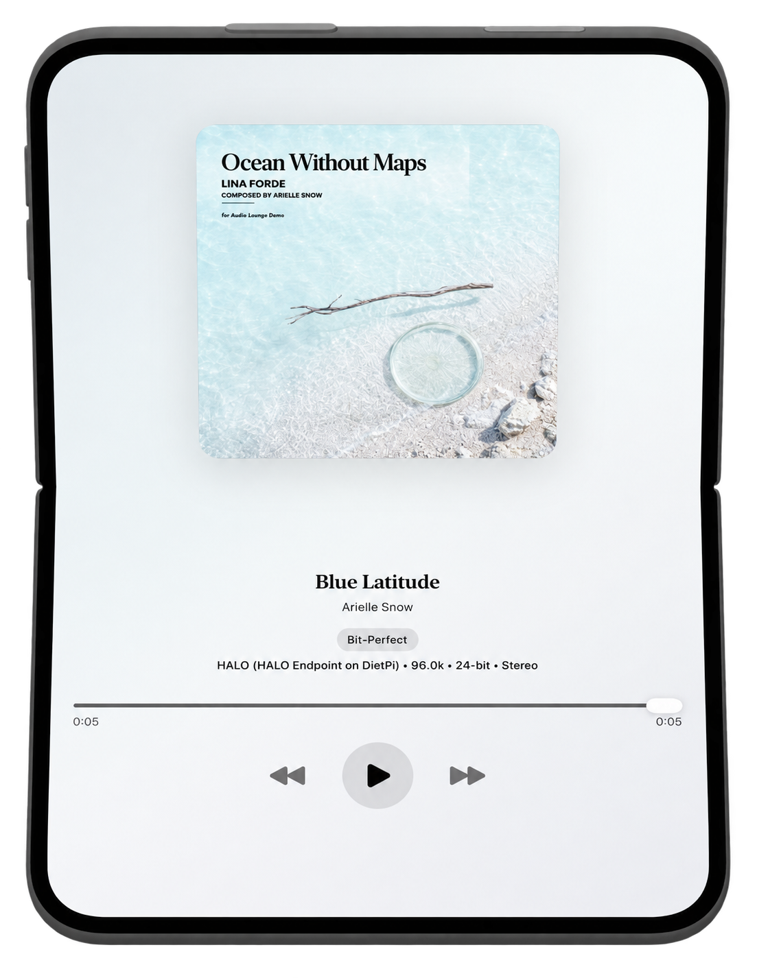 Audio Lounge Air 1.1.4 hinge-aware Now Playing interface on iPhone Duo, with artwork and playback controls clear of the center seam
