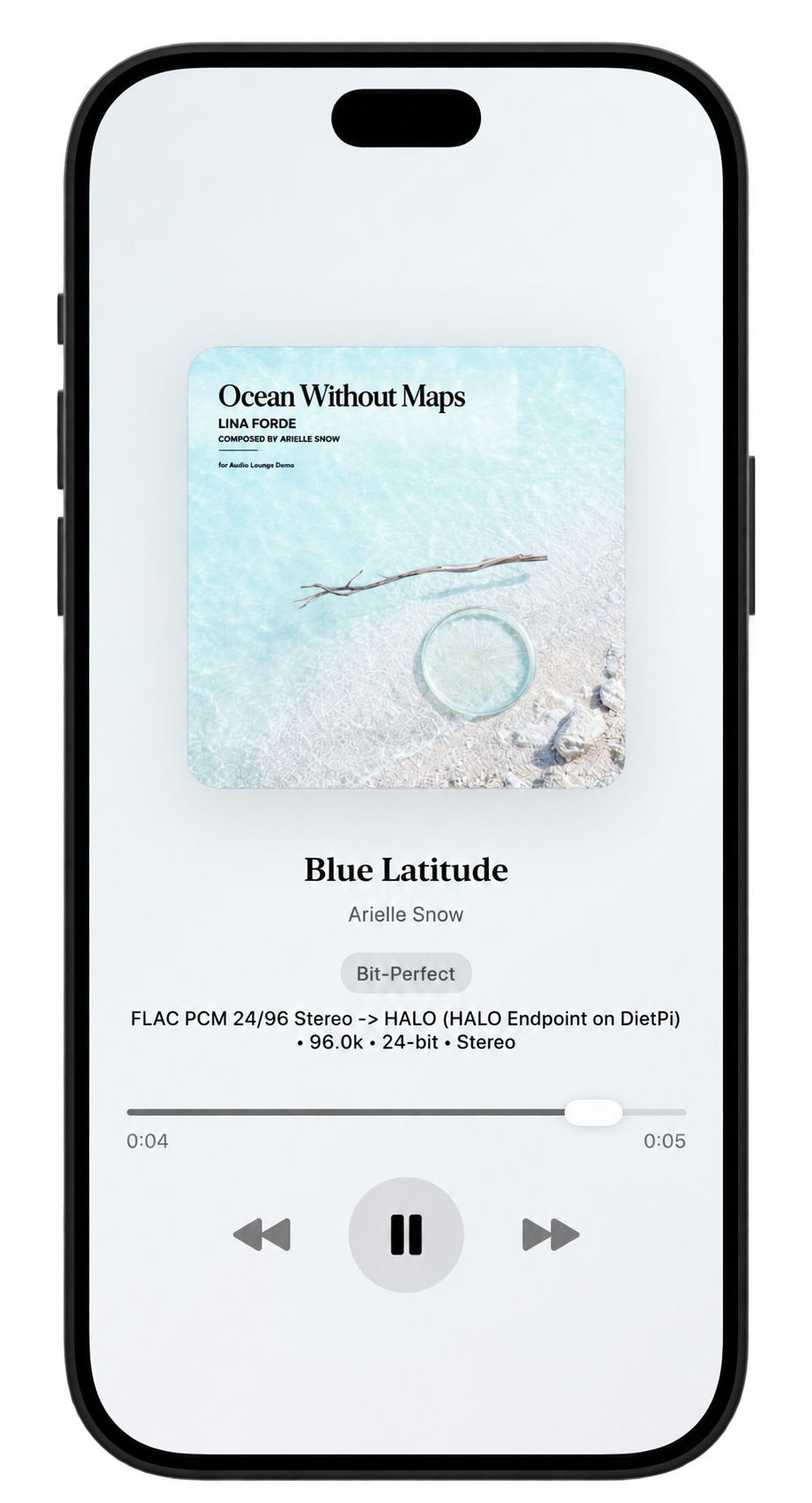 Audio Lounge Air 1.1.4 on iPhone with a complete device frame and Dynamic Island, showing Bit-Perfect FLAC playback through a HALO Endpoint