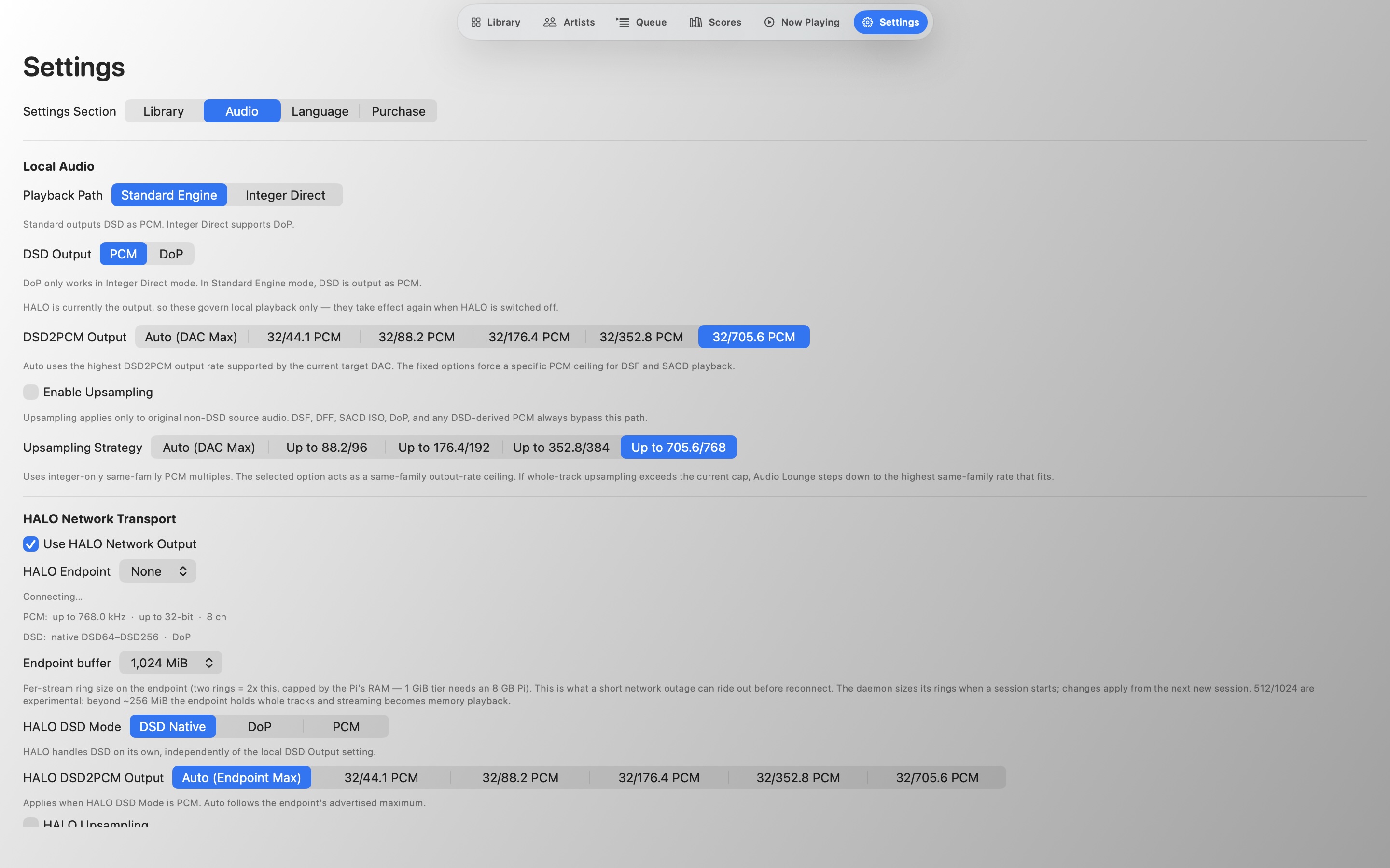 HALO Network Transport settings in Audio Lounge