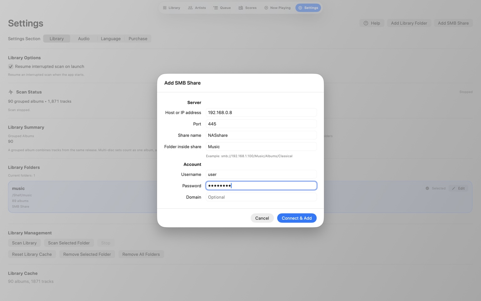 Add SMB Share dialog in Audio Lounge